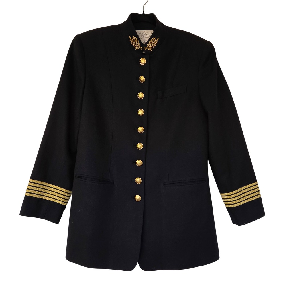 Vintage Navy Blue 100% Wool Military Blazer Gold Crest Buttons Preppy Old Money